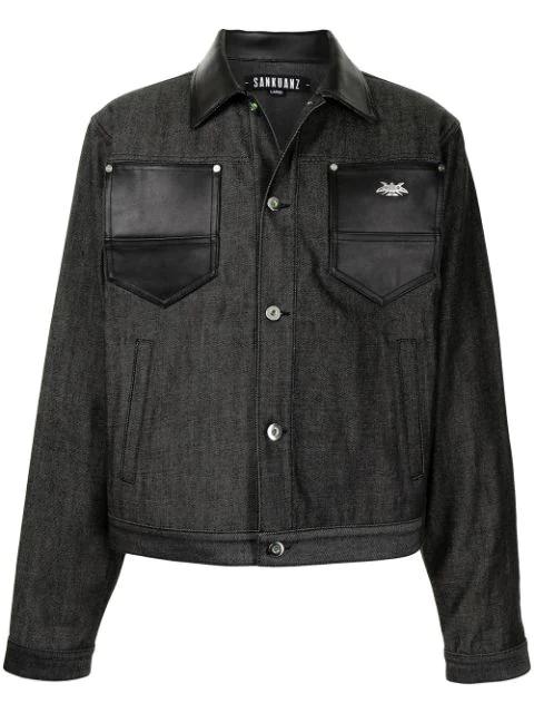 leather-trimmed denim jacket by SANKUANZ