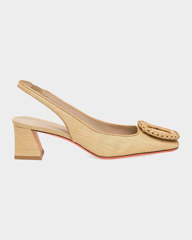 50mm Lemon Raffia and Leather Slingback Pumps by SANTONI