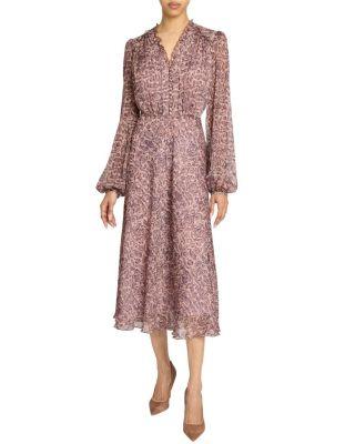 Amal Printed Georgette Long Sleeve Fit and Flare Midi Dress by SANTORELLI