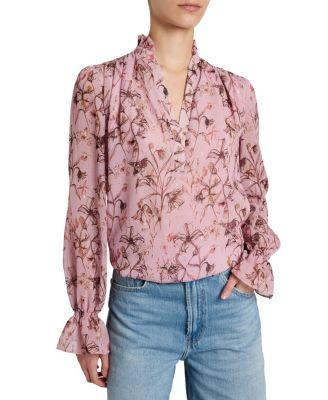 Chelsea Long Sleeve Ruffle Neck Blouse in Printed Georgette by SANTORELLI