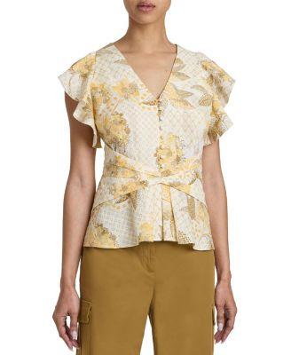 ELLA Flutter Sleeve Buttoned Blouse with Waist Panel in Floral Printed Cotton Cloque by SANTORELLI