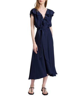 Mandy Ruffled Faux Wrap Silk Midi Dress by SANTORELLI