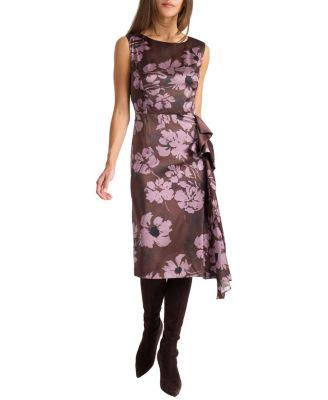 Nica Sleeveless Dress with Side Ruffle in Floral Twill Crepe by SANTORELLI