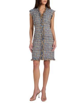 Tuscany Cap Sleeve V-Neck Sheath Tweed Dress by SANTORELLI
