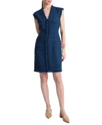Tuscany Sleeveless V-Neck Tweed Dress with Fringe Detail by SANTORELLI