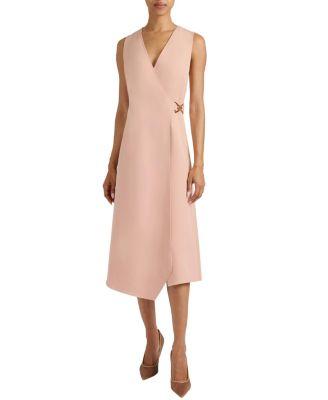Ursa Sleeveless Faux Wrap Dress with Metal Buckle in Stretch Crepe by SANTORELLI