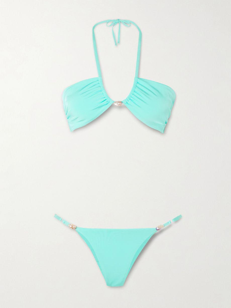 Bahia pearl-embellished stretch-ECONYL® halterneck bikini by SARA CRISTINA