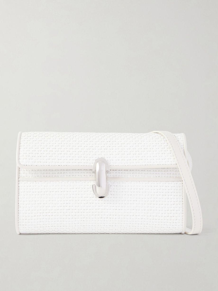 Symmetry leather-trimmed woven raffia shoulder bag by SAVETTE