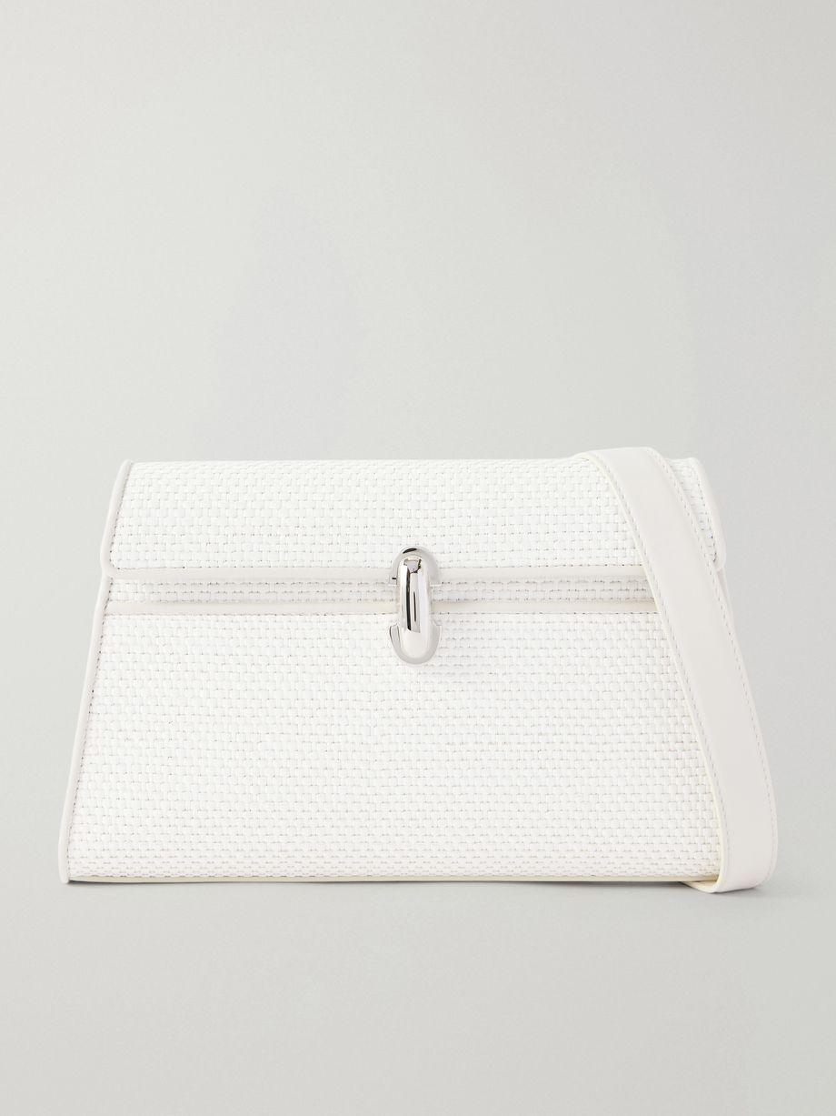 Symmetry leather-trimmed woven raffia shoulder bag by SAVETTE