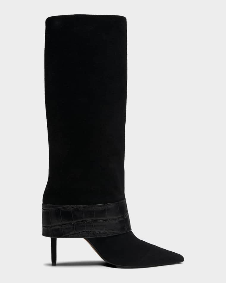 Beatrix Suede Knee-High Boots with Croc-Embossed Leather Buckle by SCHUTZ
