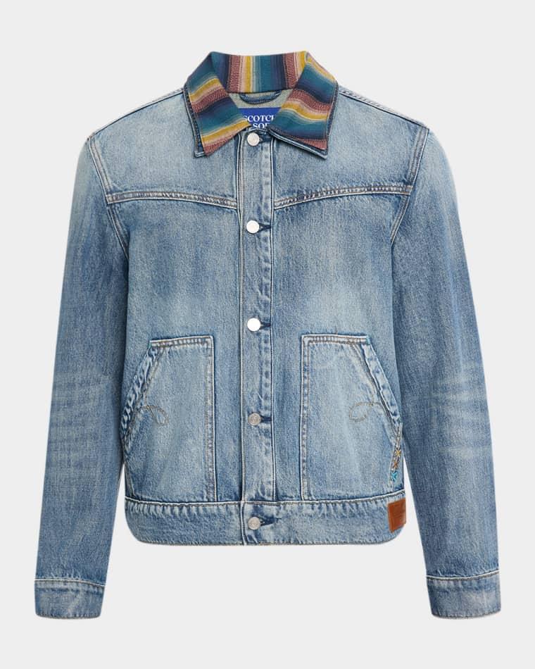 Men's Multicolor-Collar Washed Denim Jacket by SCOTCH&SODA