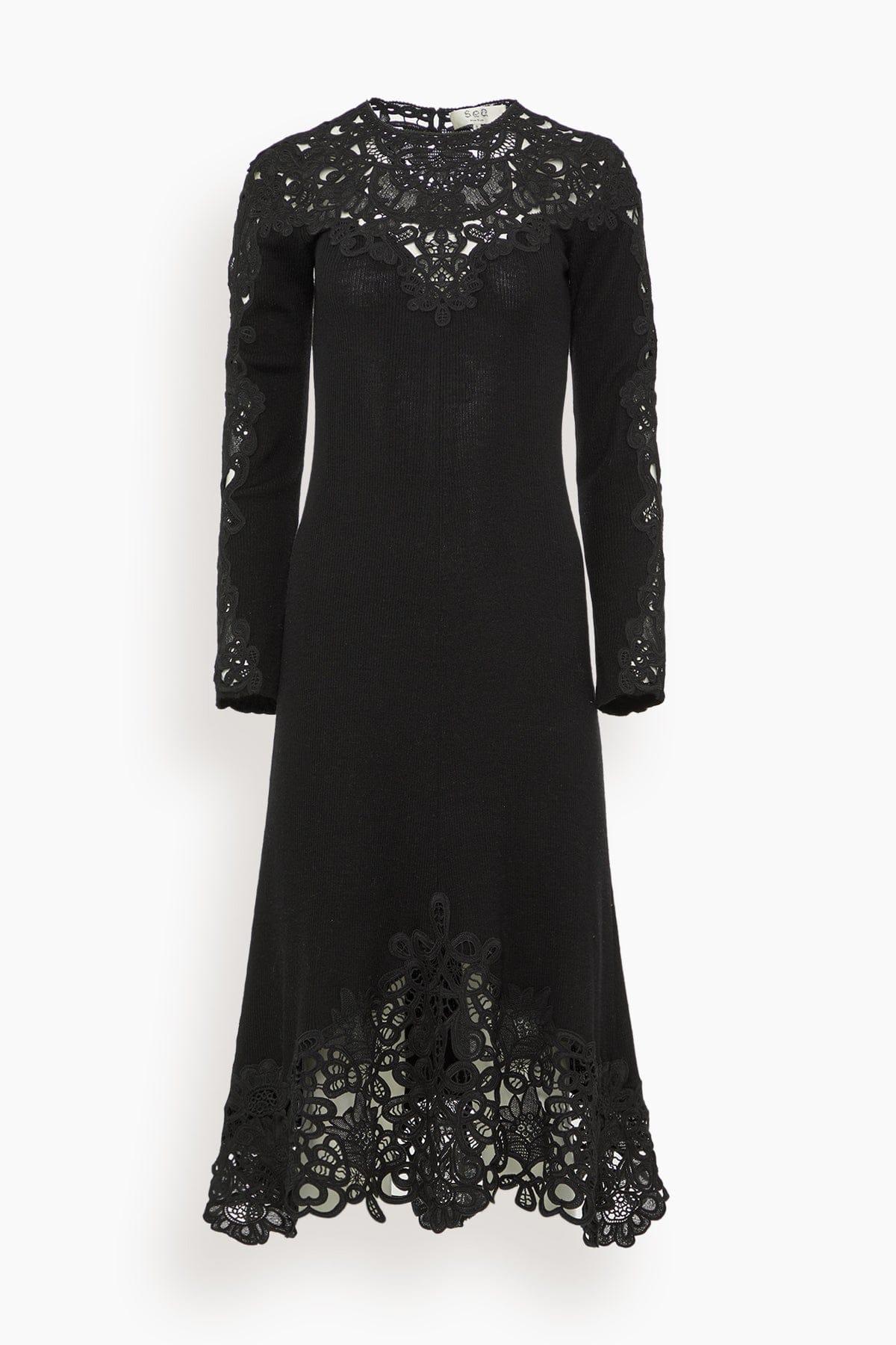 Adelina Battenberg Lace Long Sleeve Knit Midi Dress in Black by SEA NEW YORK
