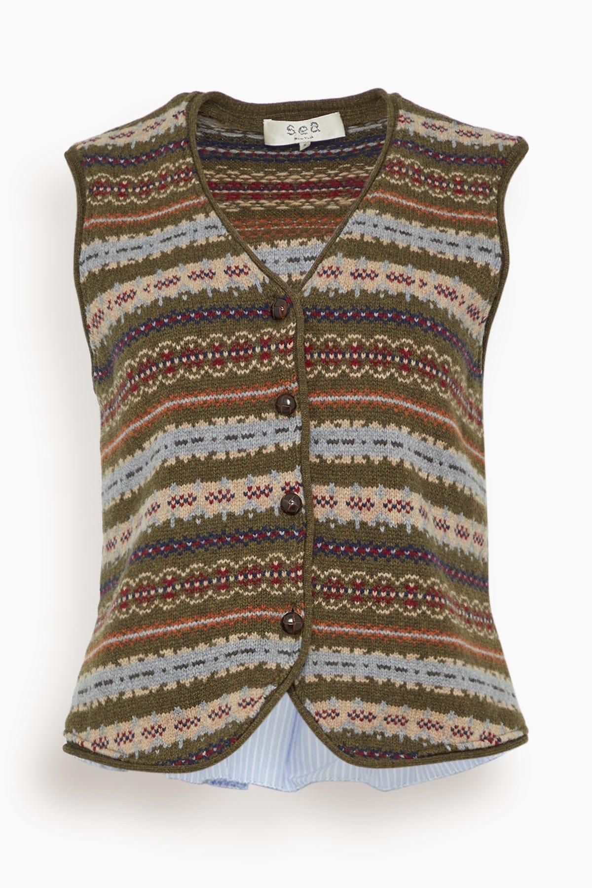 Ciara Fair Isle Knit Combo Vest in Olive by SEA NEW YORK