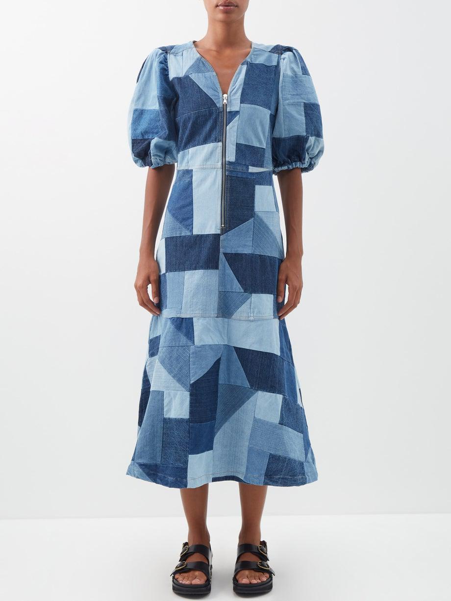 Diego puff-sleeve patchwork denim midi dress by SEA NEW YORK