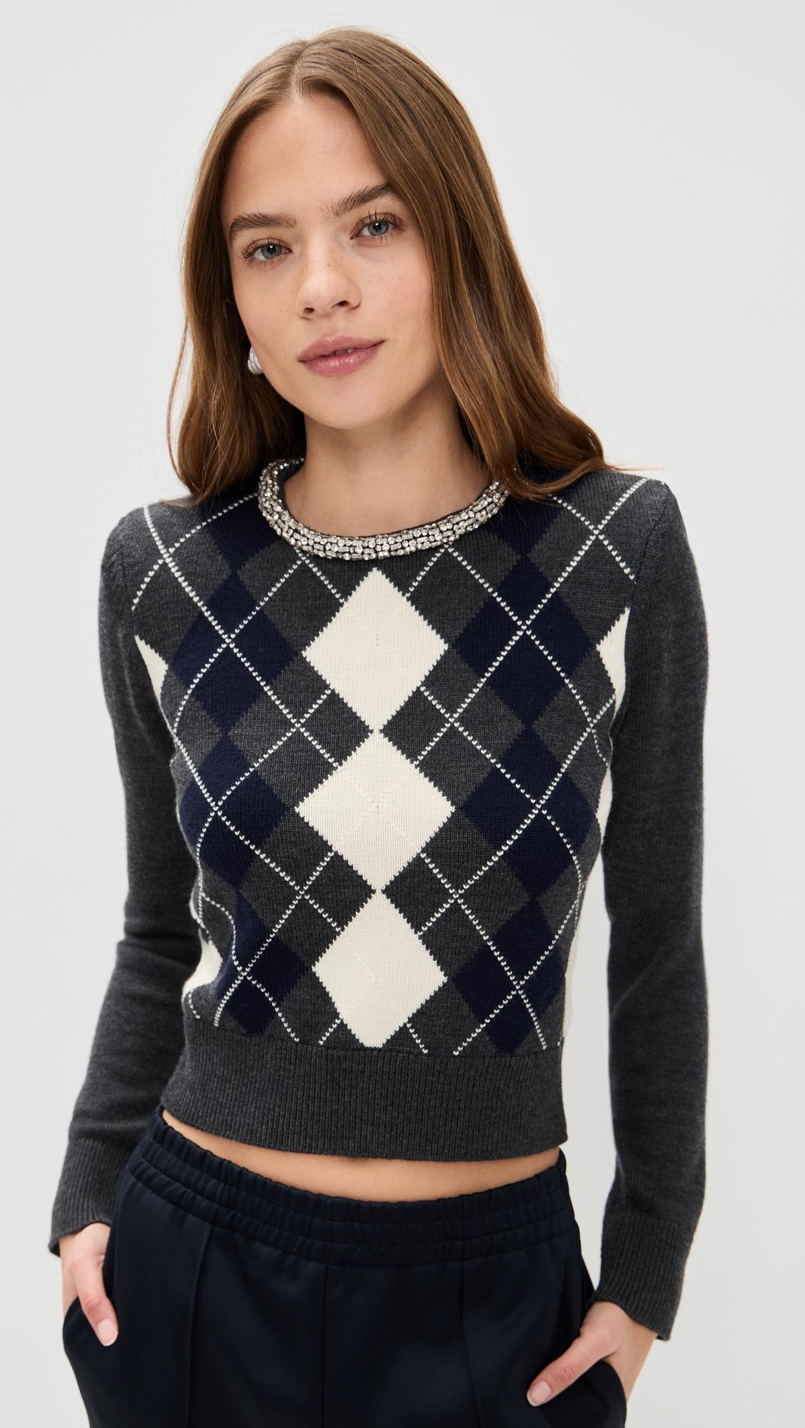Argyle Crystal Trim Sweater by SELF-PORTRAIT