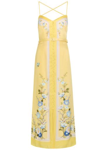 Belted floral satin midi dress by SELF-PORTRAIT