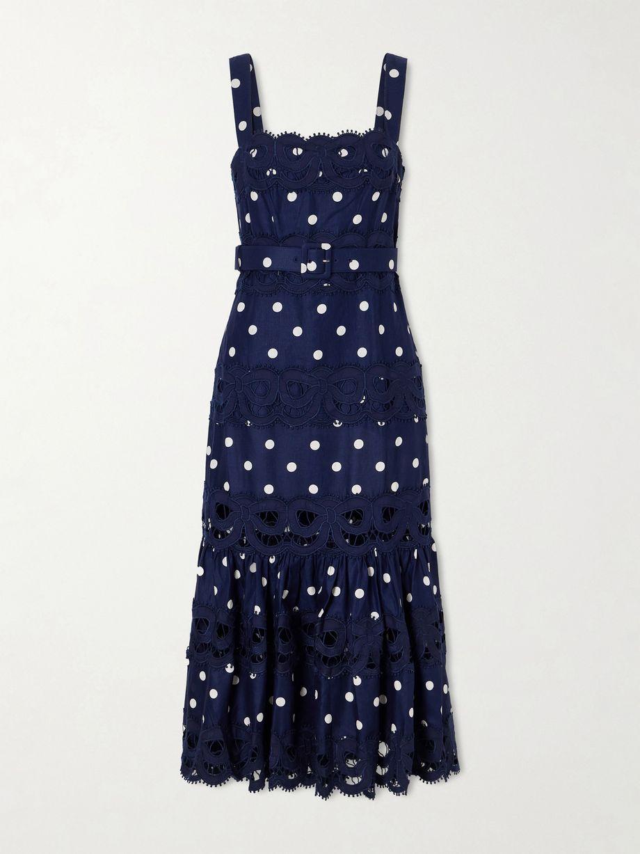 Belted polka-dot linen and cotton-blend midi dress by SELF-PORTRAIT
