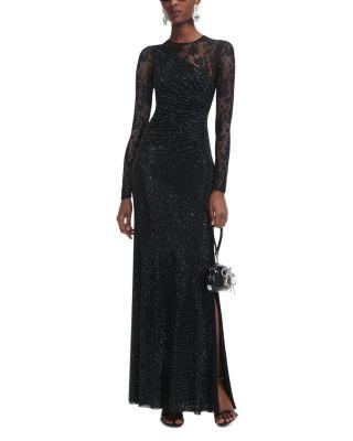 Black Rhinestone Lace Sleeve Maxi Dress by SELF-PORTRAIT
