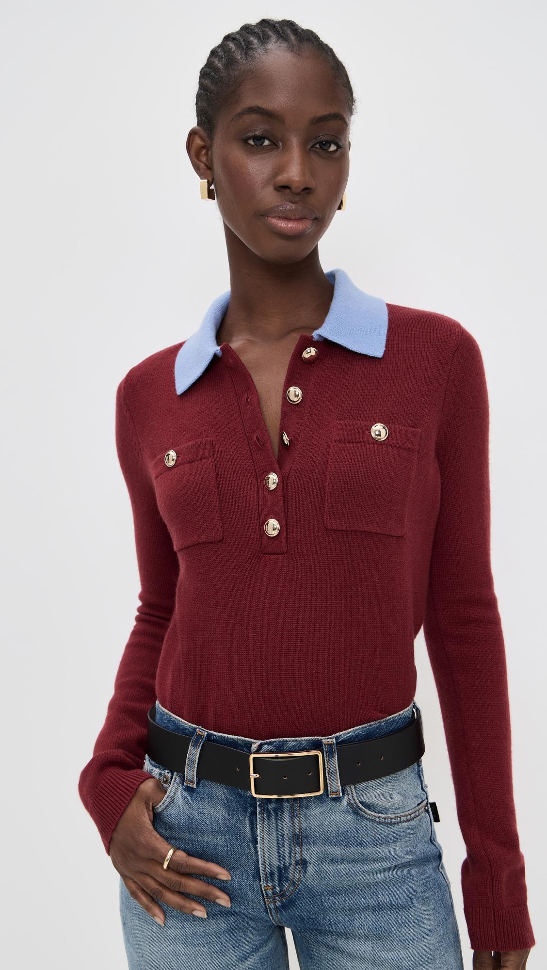 Burgundy Contrast Collar Knit Top by SELF-PORTRAIT