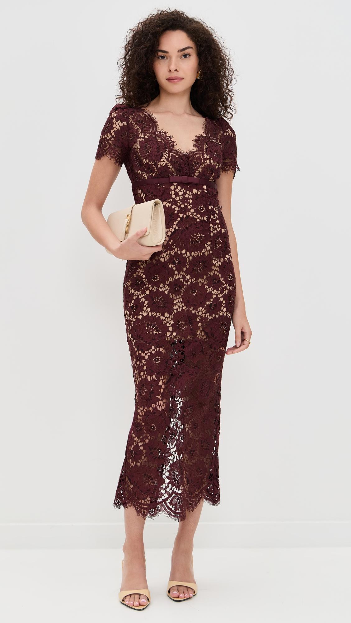 Burgundy Floral Lace Midi Dress by SELF-PORTRAIT