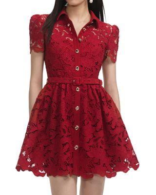 Burgundy Lace Collared Mini Dress by SELF-PORTRAIT