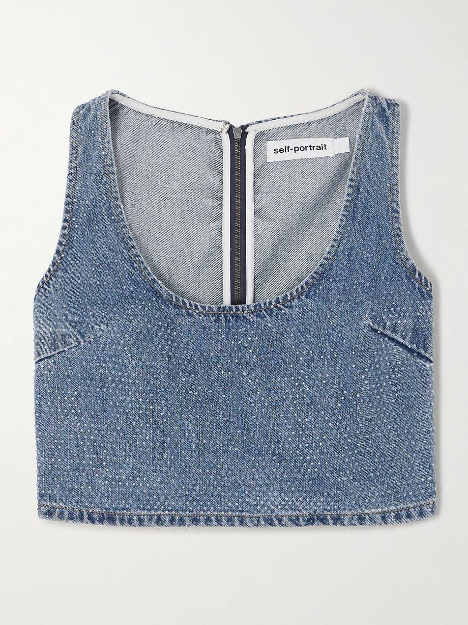 Cropped crystal-embellished denim top by SELF-PORTRAIT