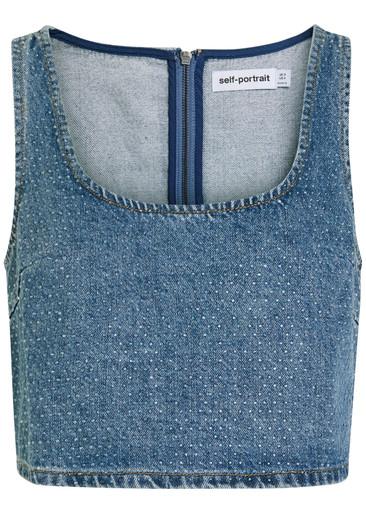Crystal-embellished denim crop top by SELF-PORTRAIT