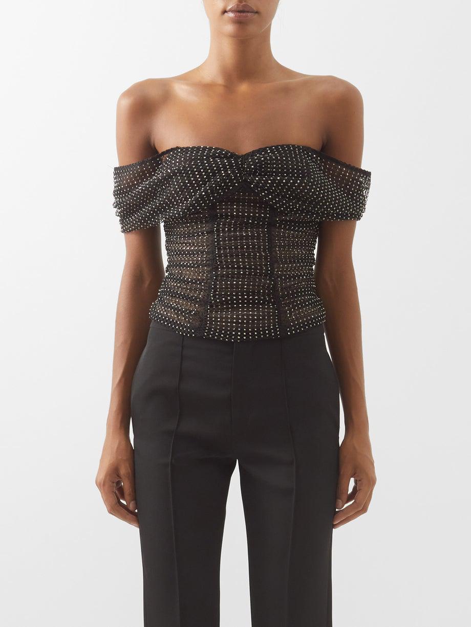 Crystal-embellished off-the-shoulder fishnet top by SELF-PORTRAIT ...