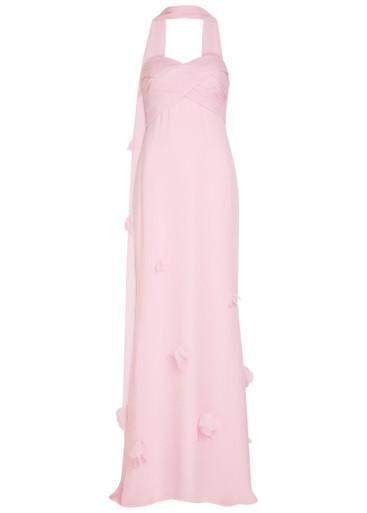 Floral-appliquéd scarf-effect chiffon maxi dress by SELF-PORTRAIT