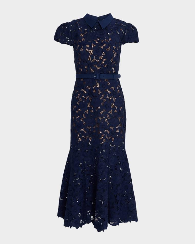 Guipure Lace Belted Midi Dress by SELF-PORTRAIT