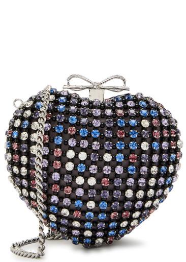 Heart crystal-embellished satin clutch by SELF-PORTRAIT