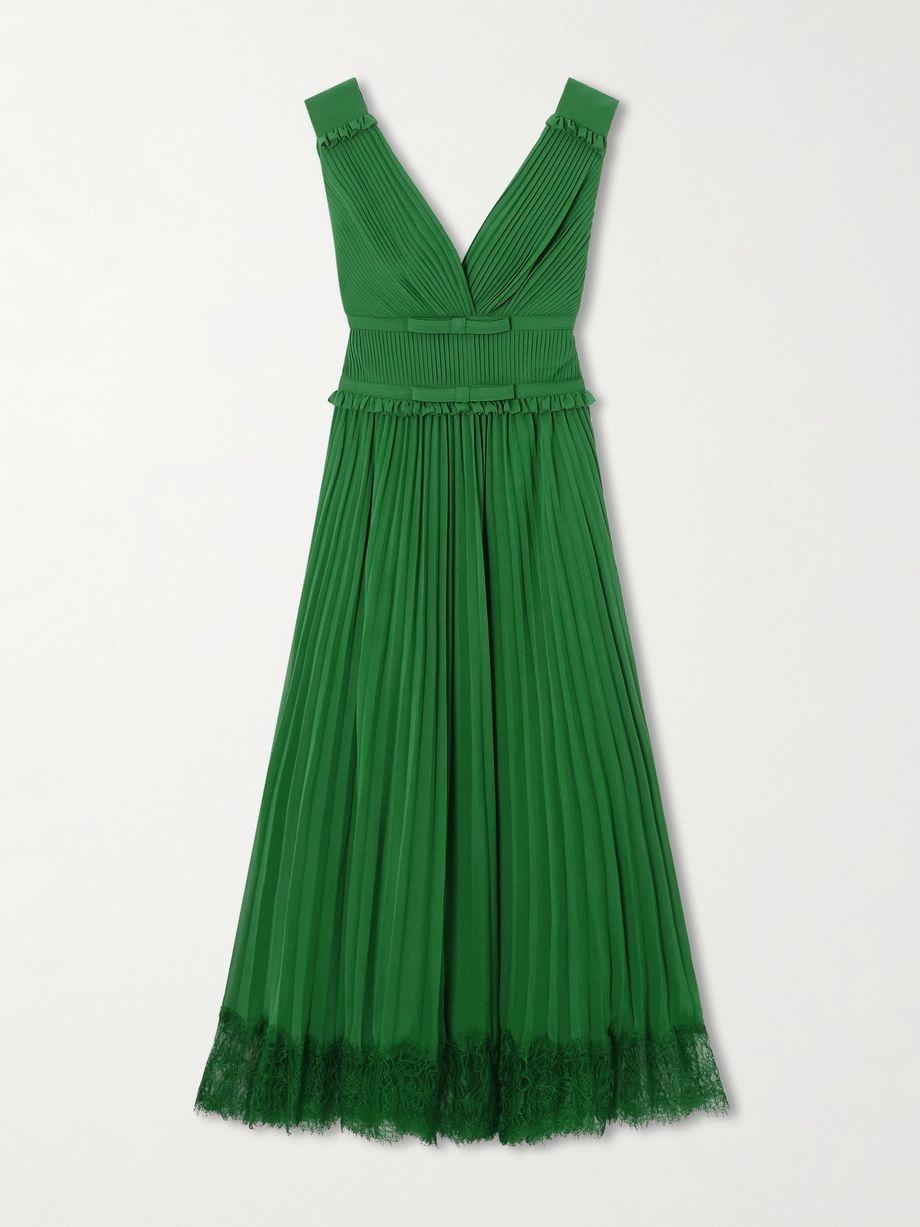 Lace-trimmed pleated chiffon midi dress by SELF-PORTRAIT