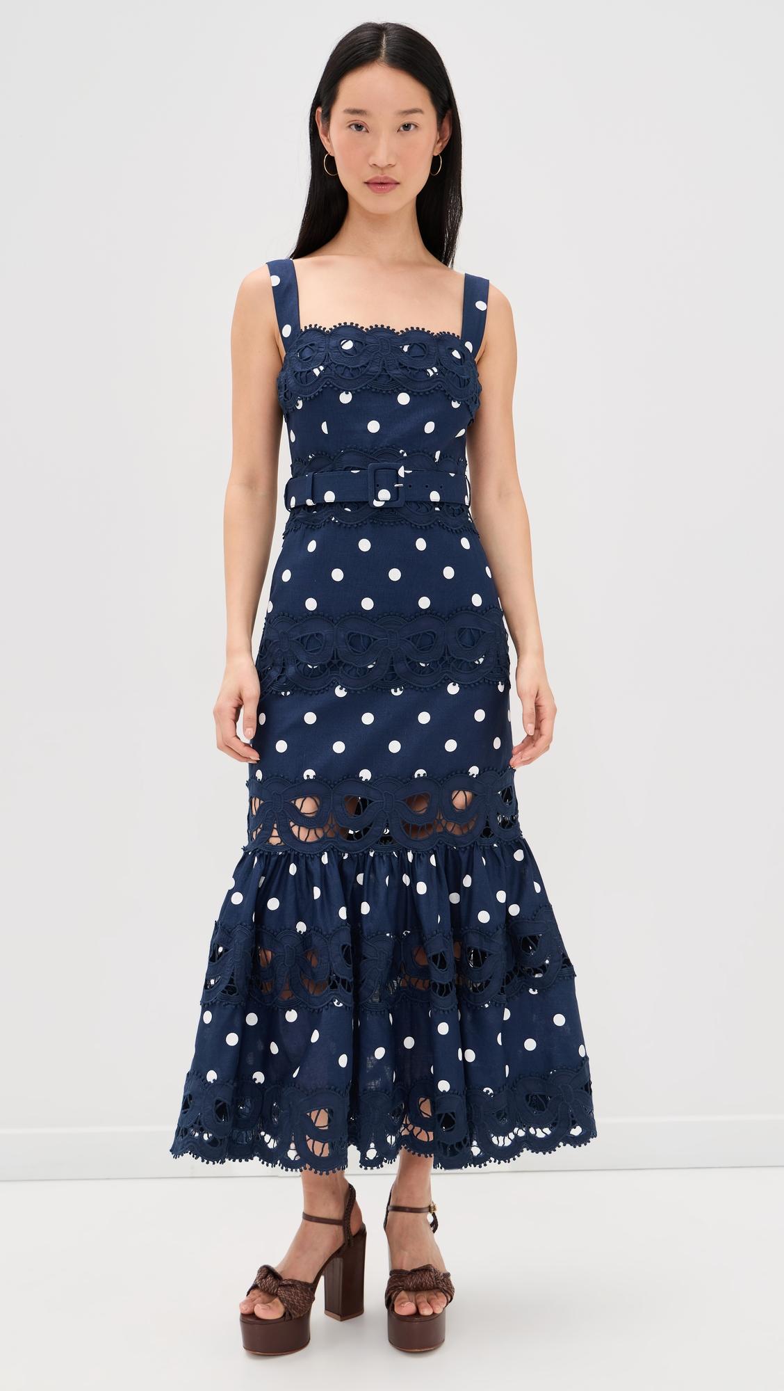 Navy Polka Dot Midi Dress by SELF-PORTRAIT