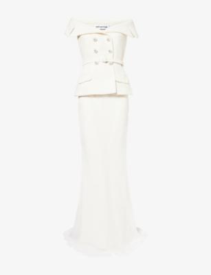 Off-Shoulder Belted Boucle and Crepe Maxi Dress by SELF-PORTRAIT