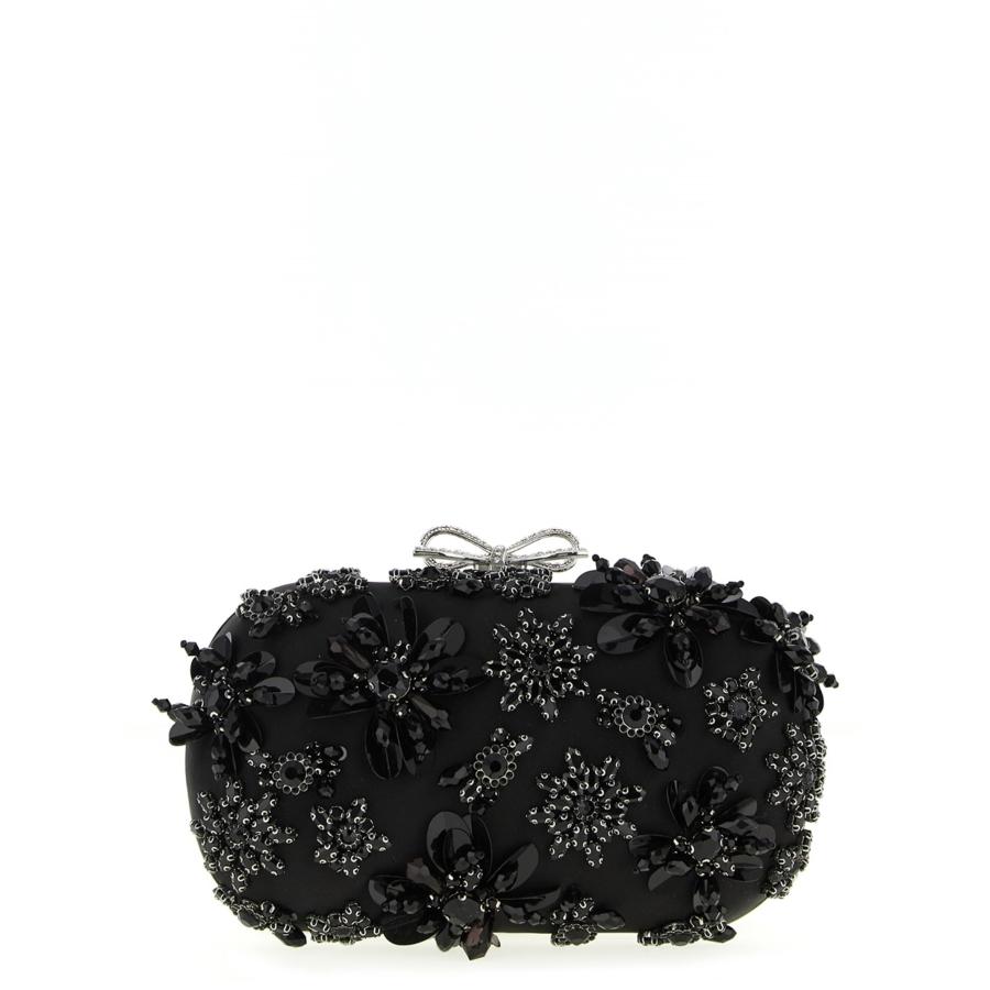 Self-Portrait Black Satin Floral Crystal Clutch by SELF-PORTRAIT