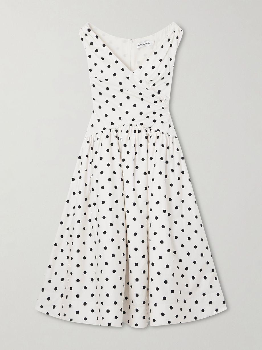 Wrap-effect gathered polka-dot cotton-poplin midi dress by SELF-PORTRAIT