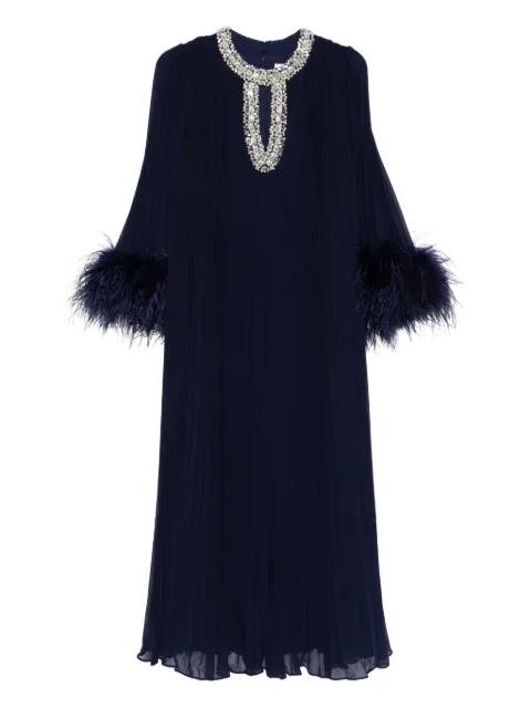 feather-cuff pleated maxi dress by SELF-PORTRAIT