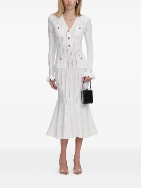 jewel-button ruffled midi dress by SELF-PORTRAIT