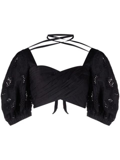 lace puff-sleeves crossover cropped top by SELF-PORTRAIT