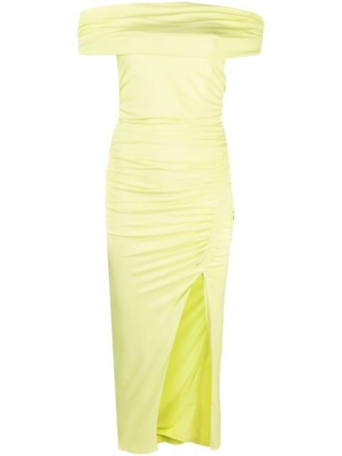 off-shoulder draped midi dress by SELF-PORTRAIT