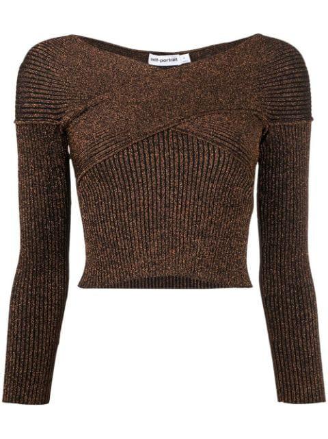 off-shoulder metallic knitted top by SELF-PORTRAIT