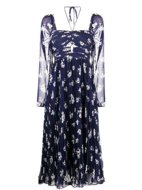 pansy-print pleated midi dress by SELF-PORTRAIT