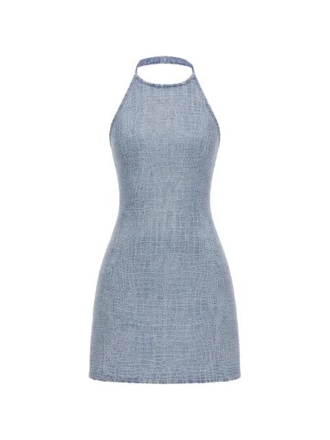 rhinestone croc-effect denim mini dress by SELF-PORTRAIT
