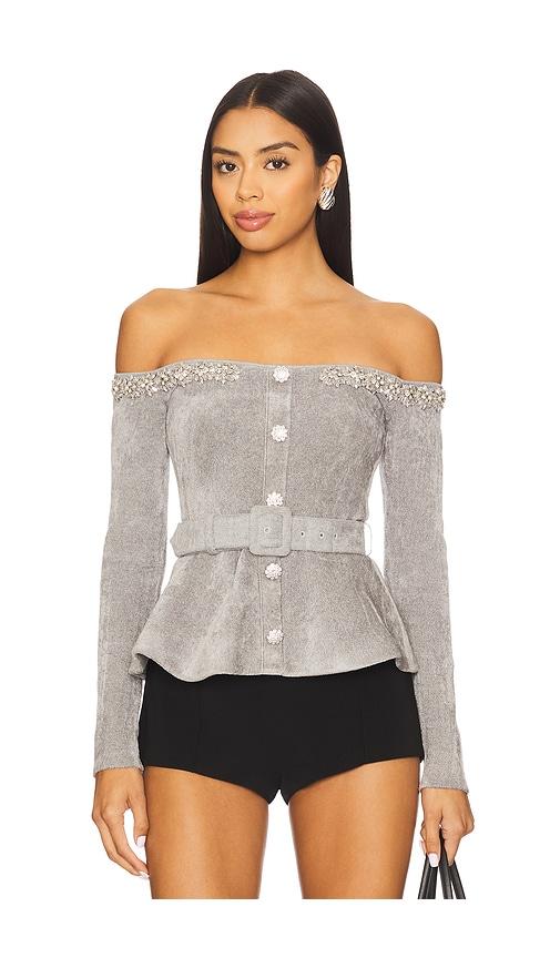 self-portrait Chenille Knit Crystal Trim Top in Light Grey by SELF-PORTRAIT