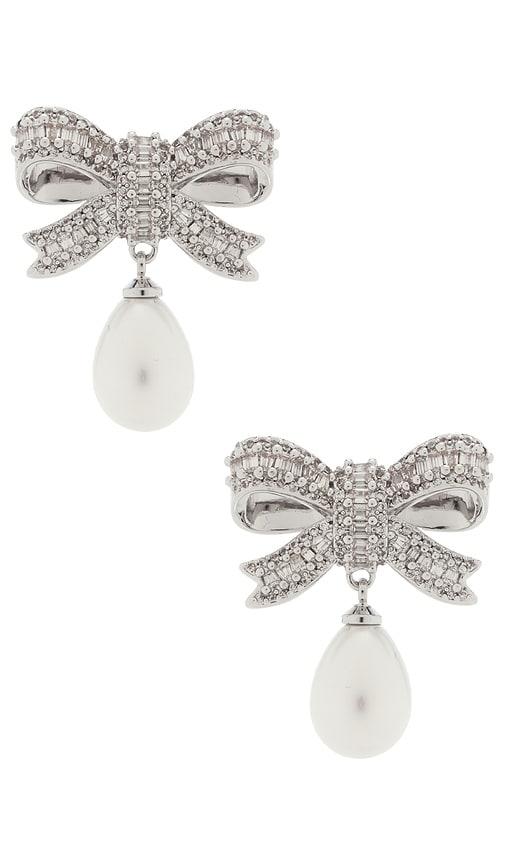 self-portrait Crystal Bow Pearl Droplet Earrings in Metallic Silver by SELF-PORTRAIT