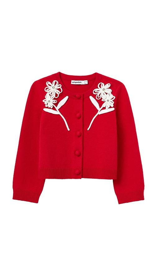 self-portrait Kids Cotton Flower Trim Cardigan in Red by SELF-PORTRAIT