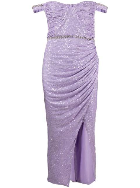 sequin-embellished off-shoulder midi dress by SELF-PORTRAIT