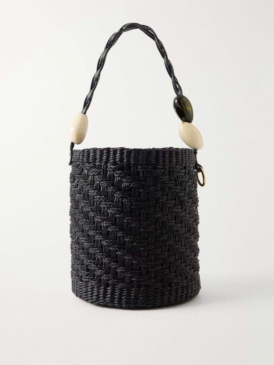 Embellished leather-trimmed straw bucket bag by SENSI STUDIO