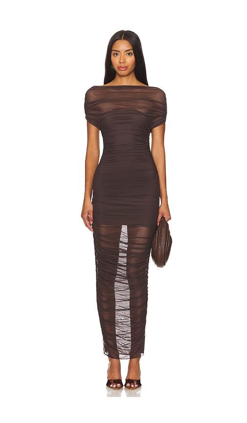 SEROYA Noel Off Shoulder Mesh Midi Dress in Chocolate by SEROYA