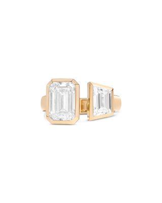 Certified Lab Grown Diamond Bezel Set Emerald & Trapezoid Gap Ring in 14K Yellow Gold by SHAHLA KARIMI